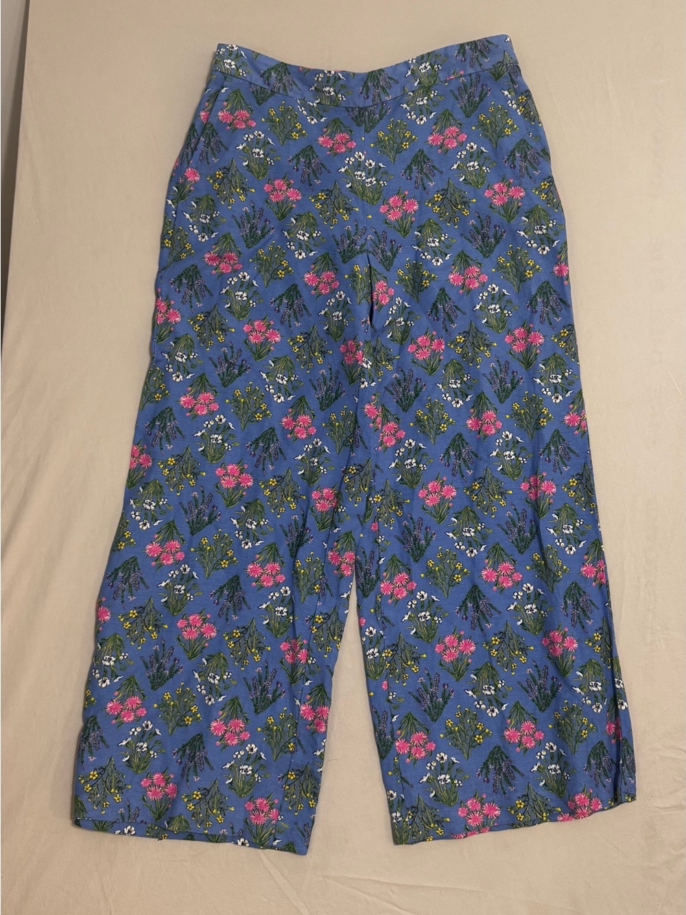 LOFT Blue Floral Pants with Pink & Yellow Blooms Linen Blend Size Medium EUC